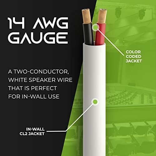 14 AWG gauge two-conductor speaker wire with color-coded jacket and in-wall CL2 jacket.