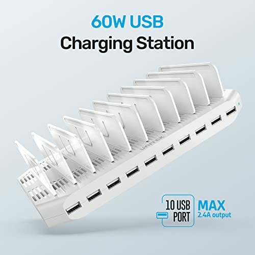 60W USB charging station with 10 ports and dividers