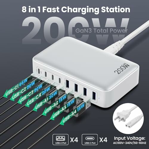 8-in-1 fast charging station with multiple USB ports