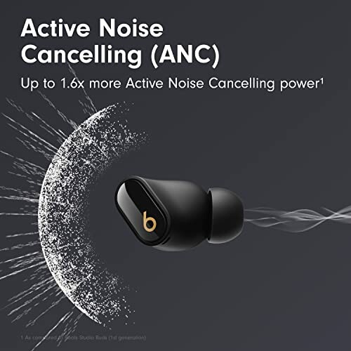 Black earbud with active noise cancelling feature.