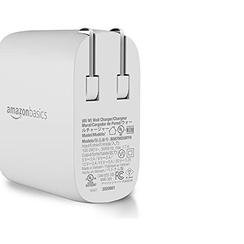 AmazonBasics 65W wall charger with plug and specifications.