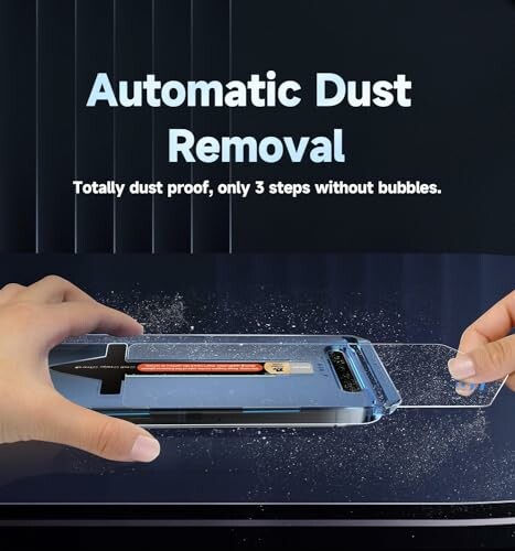 Hands applying a screen protector with automatic dust removal feature.