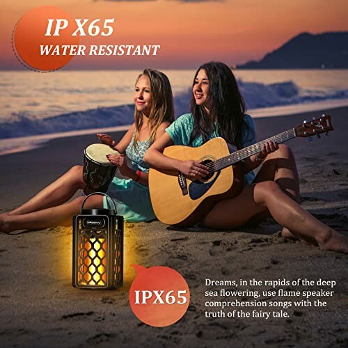 Two women playing guitar and bongo on the beach with a portable speaker.