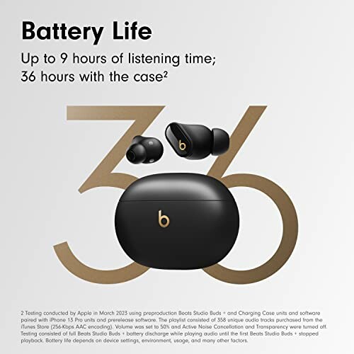 Beats earbuds with battery life details.