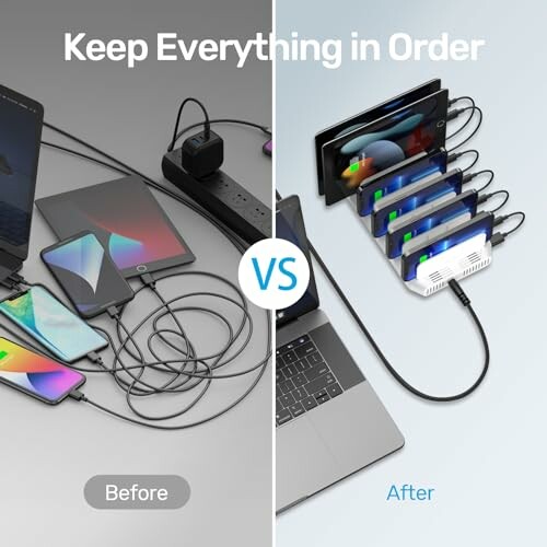 Comparison of cable organization, before and after using a charging station.