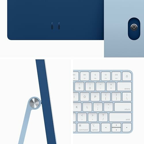 Close-up of blue computer parts and keyboard.