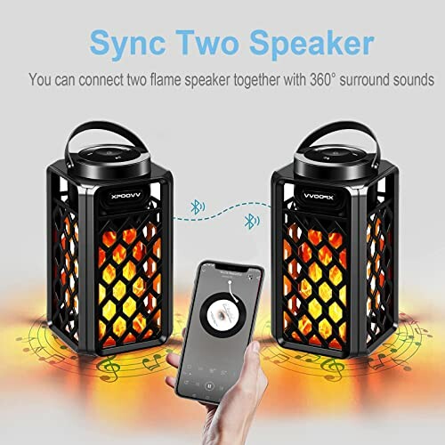 Two Bluetooth flame speakers and a smartphone showing sync feature.