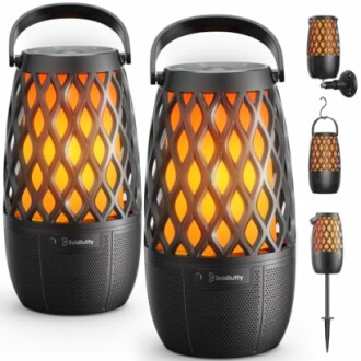 Two Bluetooth speakers with torch light design and mounting accessories.