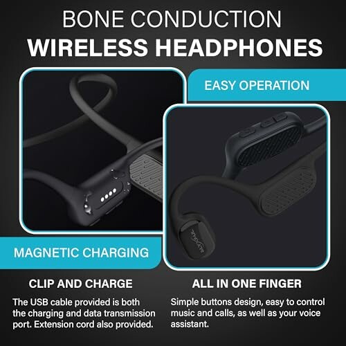 Bone conduction wireless headphones with magnetic charging and easy operation.