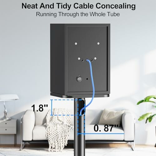 Cable concealing box with measurements in a living room.