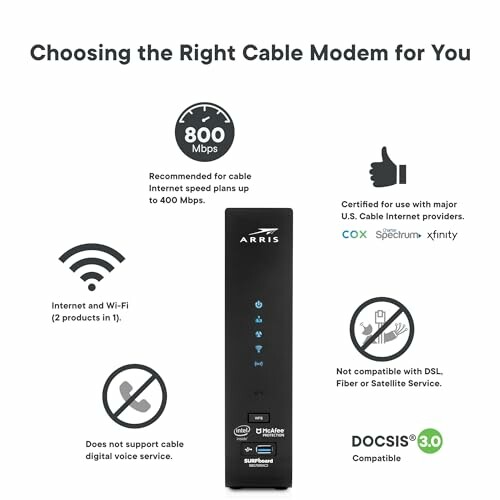 Cable modem features and compatibility information.