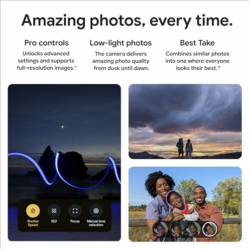 Image showcasing camera features: pro controls, low-light photos, and best take.