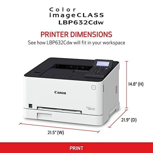 Canon Color imageCLASS LBP632Cdw printer with dimensions.