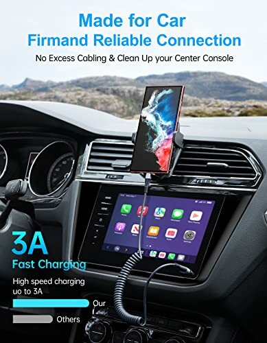 Car phone holder with fast charging capability in vehicle dashboard.