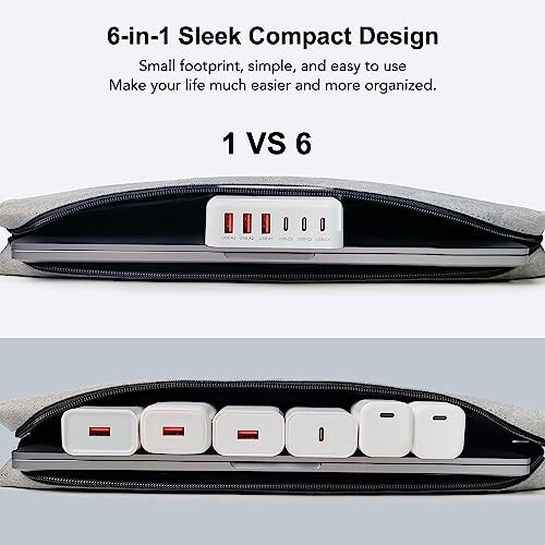 Compact 6-in-1 charger compared to six separate chargers.