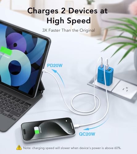 Tablet and phone charging with dual-port charger.