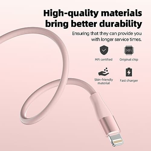 Durable pink lightning cable with text about high-quality materials and features