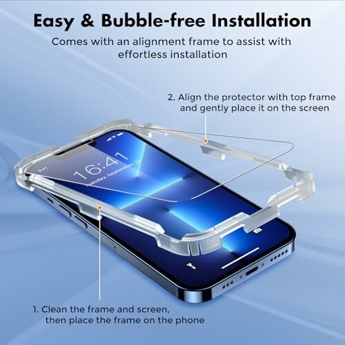 Phone screen protector with alignment frame for easy installation.