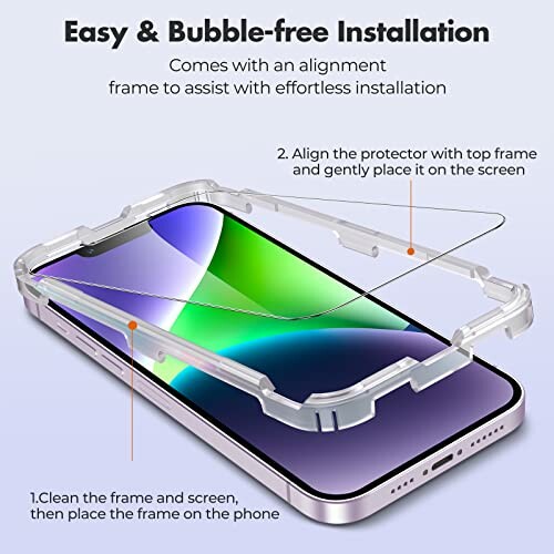 Phone screen protector installation with alignment frame.