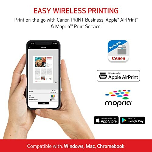 Hands holding a smartphone displaying a print preview with wireless printing services logos.