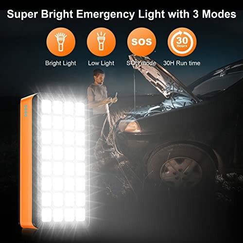 Emergency light with bright, low, and SOS modes next to a car with open hood.