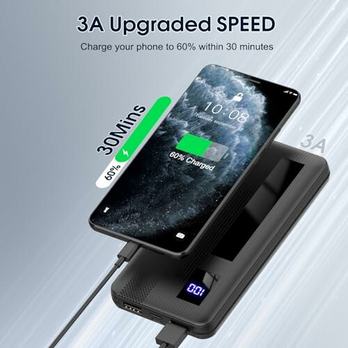 Phone charging on power bank with 3A speed and digital display.