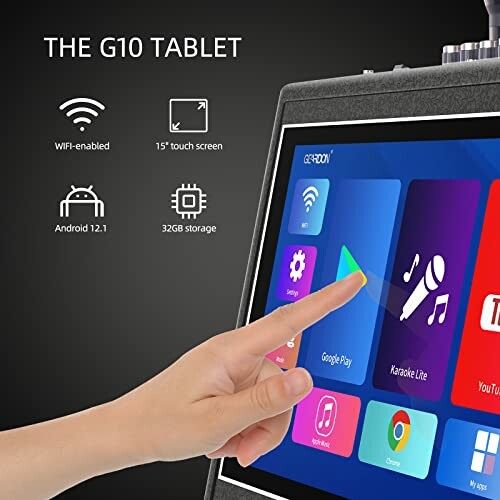 G10 Tablet with Android 12.1, 15-inch touchscreen, 32GB storage, WiFi-enabled.