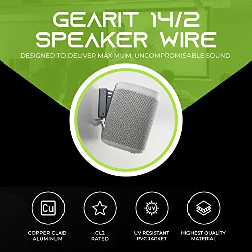 GearIT 14/2 speaker wire advertisement with speaker and features.