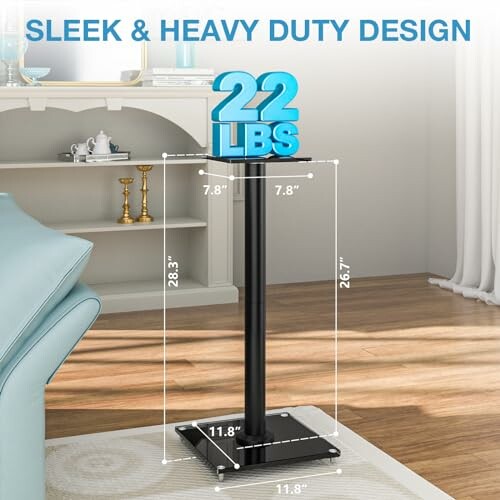 Heavy duty speaker stand with weight capacity of 22 lbs and dimensions labeled.