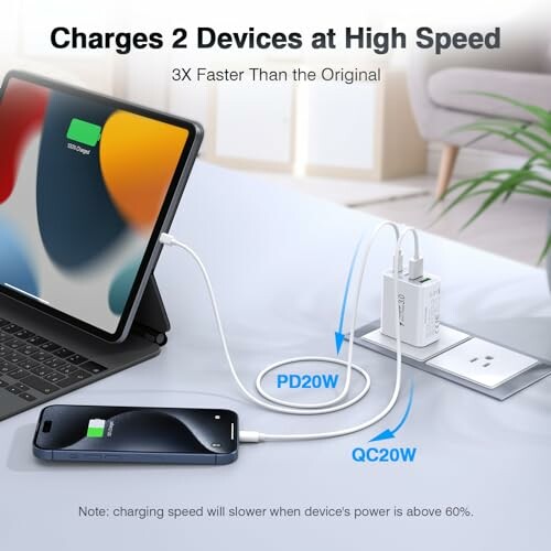 Tablet and phone charging simultaneously with a dual charger.