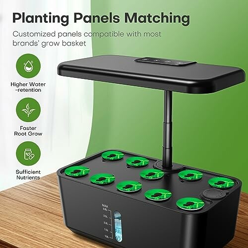 Indoor hydroponic garden system with planting panels and growth features.