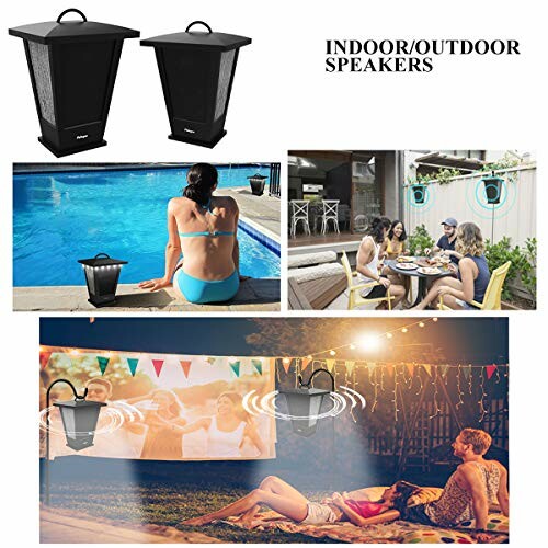 Collage of indoor and outdoor speakers by a pool, patio dining, and outdoor movie scene.