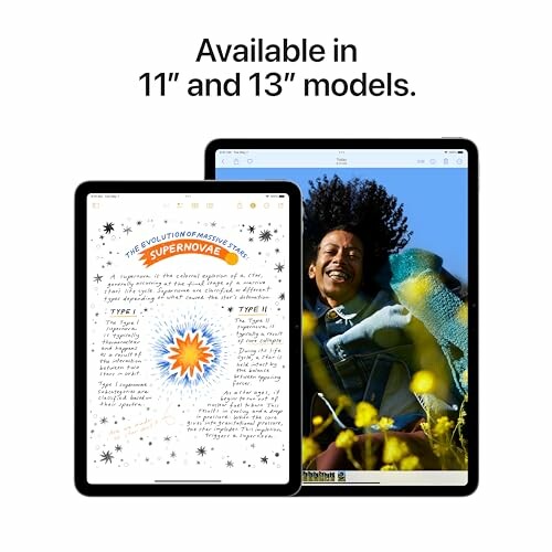 Two iPad models available in 11 and 13 inches, displaying different screens.