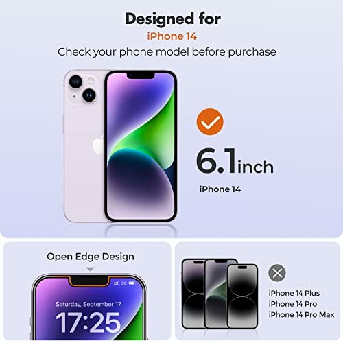 iPhone 14 case advertisement showing phone dimensions and compatibility.