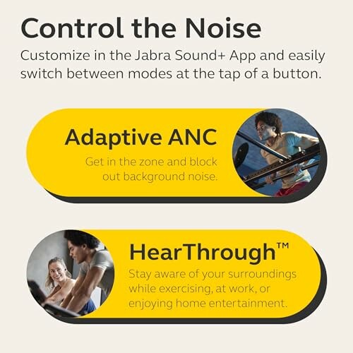 Jabra Sound+ app features Adaptive ANC and HearThrough modes.