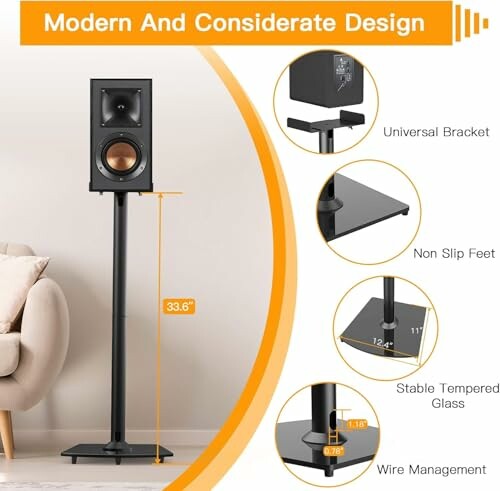 Modern speaker stand with features including universal bracket, non-slip feet, stable tempered glass, and wire management.