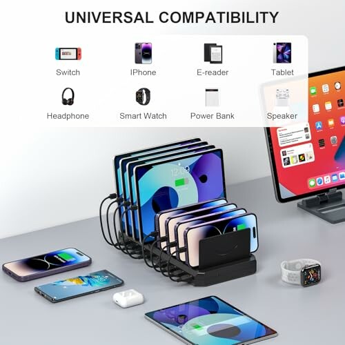 Multi-device charging station with various gadgets including phones, tablets, and smartwatches