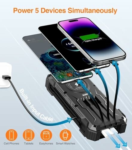 Charging station powering five devices simultaneously, including phones and tablets.