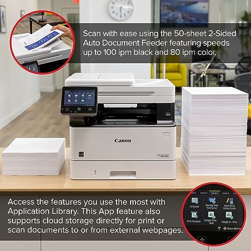 Multifunction printer with auto document feeder and app features.