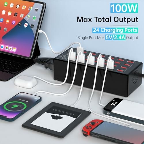 Charging station with multiple devices connected, showing 100W max output and 24 ports.