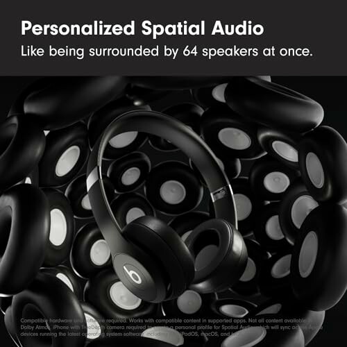 Headphones with personalized spatial audio surrounded by multiple speakers.