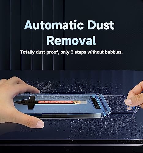 Hands demonstrating automatic dust removal for phone screen.