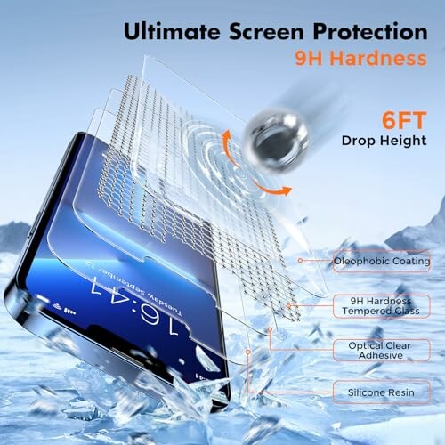 Phone screen protector advertisement displaying 9H hardness and 6ft drop height protection.