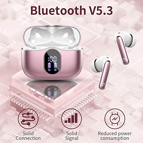 Pink Bluetooth 5.3 earbuds with charging case.