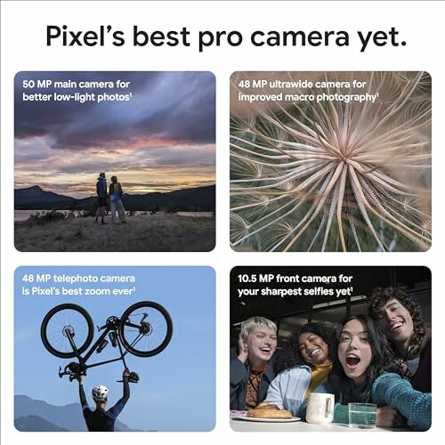 Pixel's best pro camera features: low-light main camera, ultrawide macro camera, telephoto zoom camera, and sharp front camera.