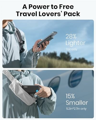 A lightweight portable charger for travel, 28% lighter and 15% smaller than other power banks.