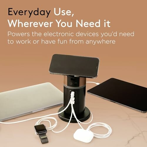 Portable charging station with multiple devices connected.