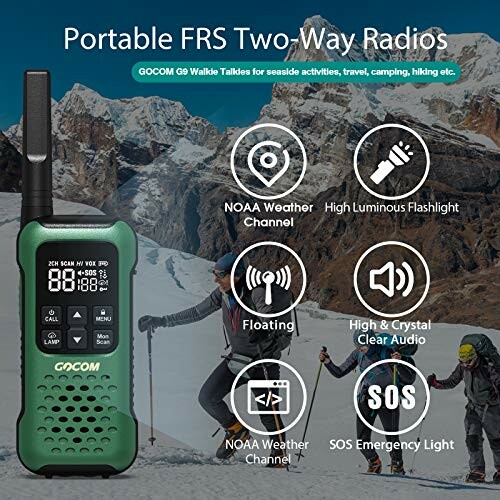 Portable FRS two-way radios with features like NOAA weather channel, flashlight, floating, clear audio, and SOS emergency alert, with background of hikers in snowy mountains.