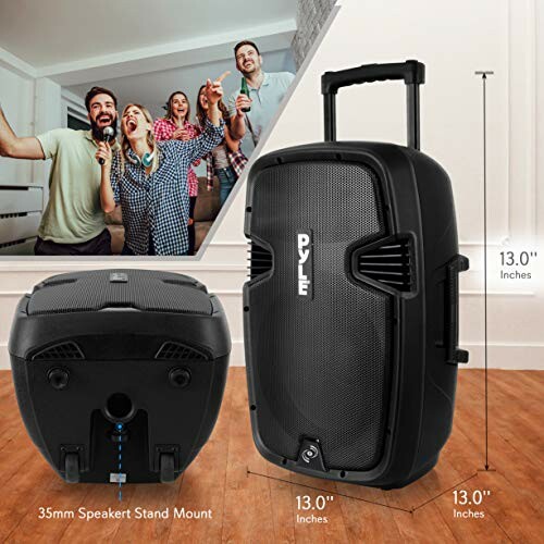 Portable speaker with handle, group of people enjoying music indoors.