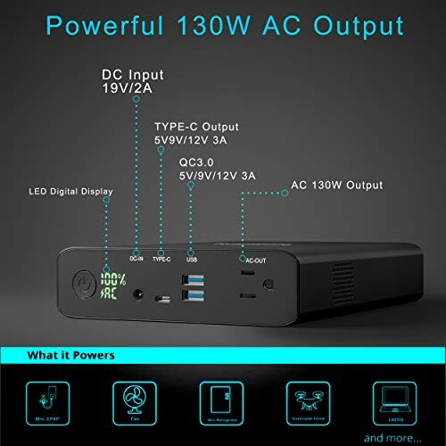 Portable power bank with 130W AC output, DC input, Type-C output, QC3.0, LED display.